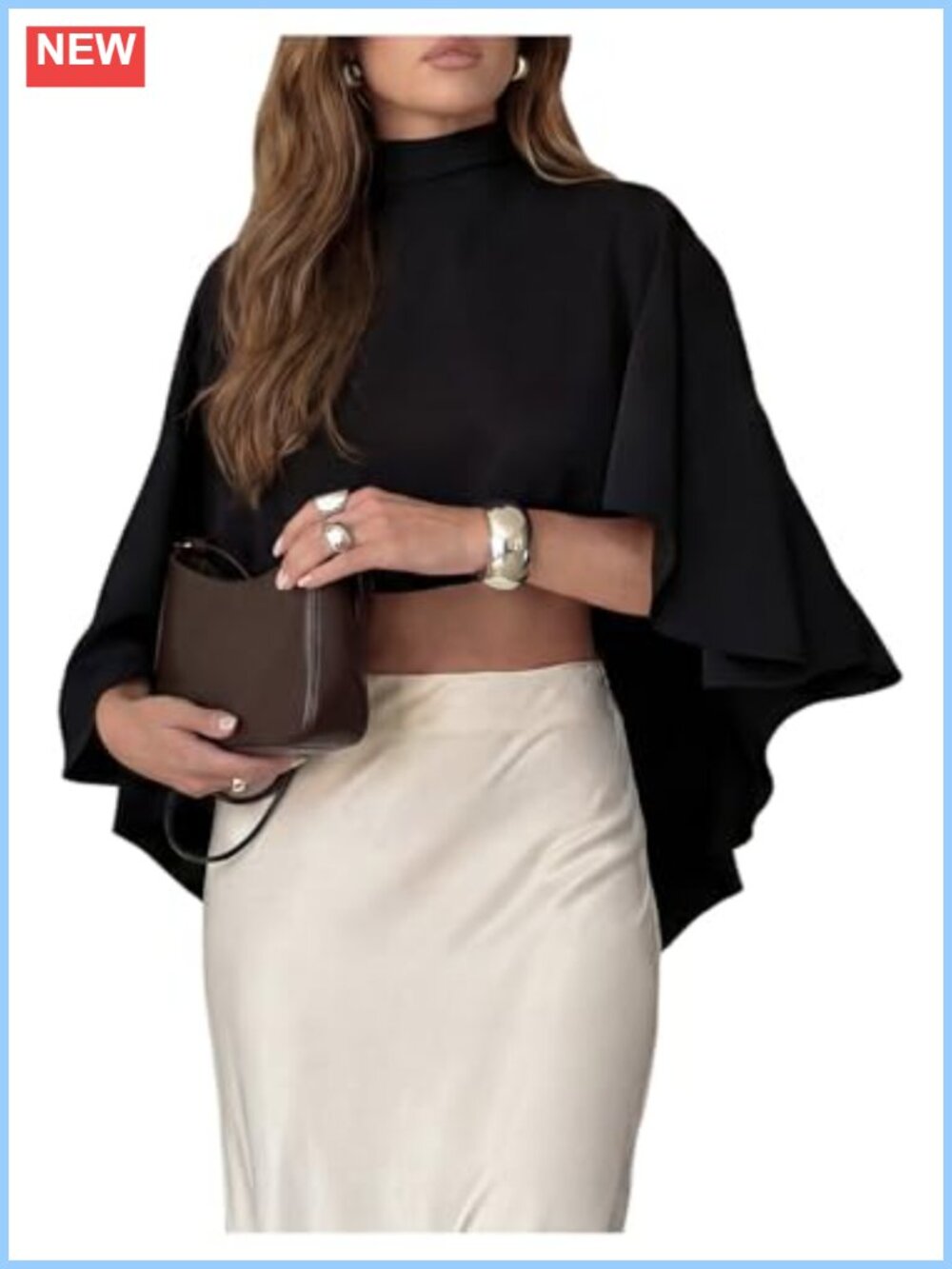 High Low Hem Mock Neck Asymmetrical Crop Top 3/4 Sleeve Y2K Poncho